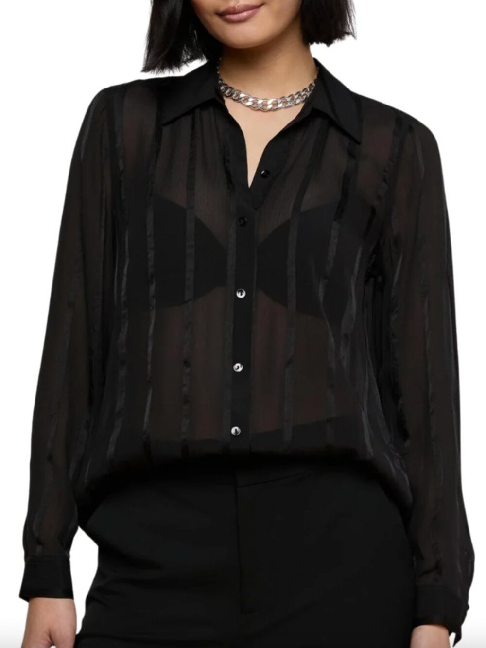 $395 NWT L'Agence Black Sheer Pinstripe Button Down Blouse Argo Shirt sz Medium